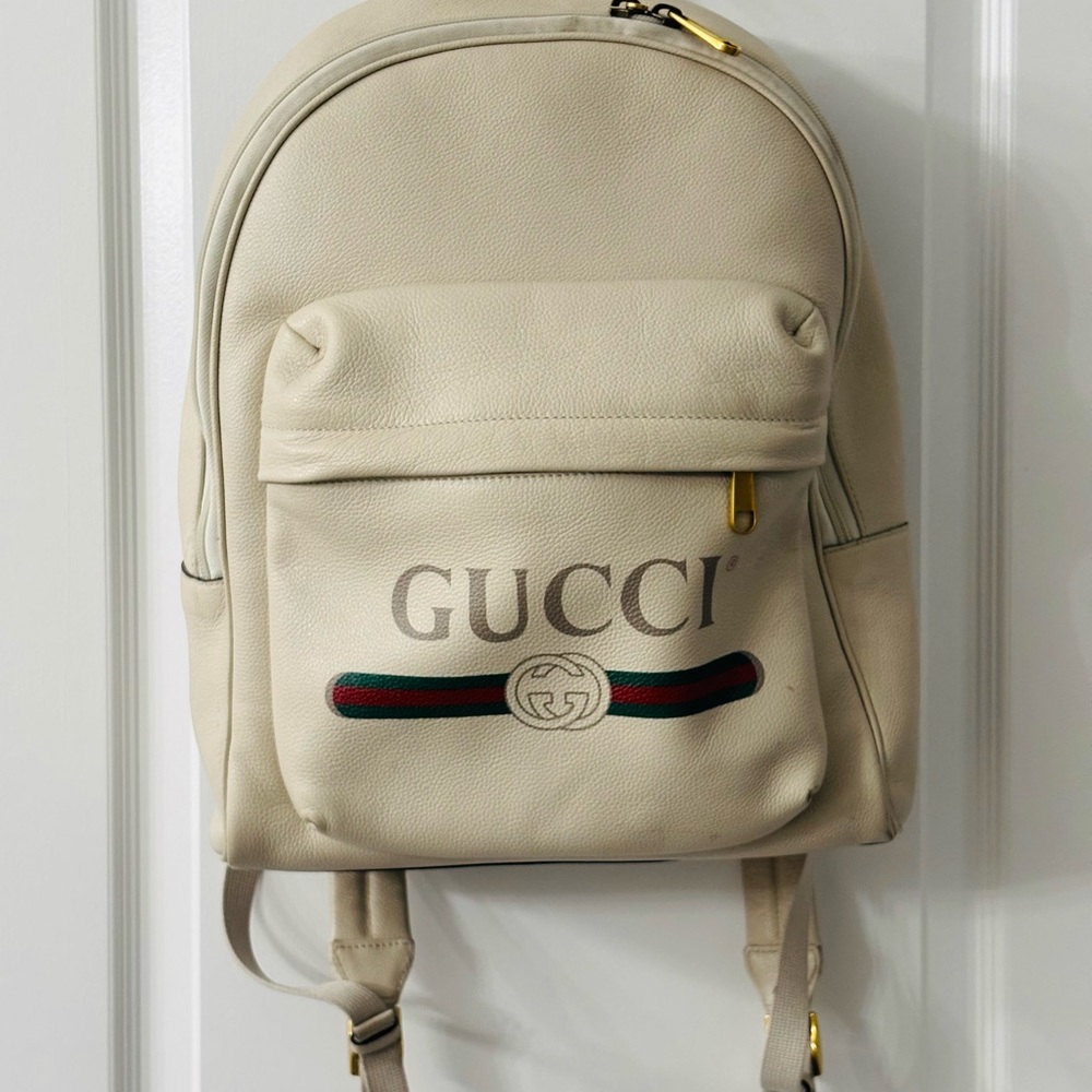 Gucci Off White Leather Logo Print Backpack - Picture 3 of 16